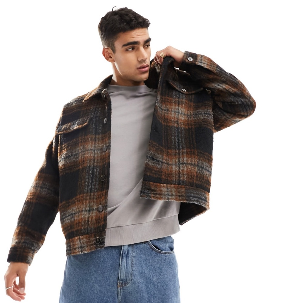 ASOS Oversized Plaid Shirt Jacket Western Brown Black Shacket Wool Men’s XS
